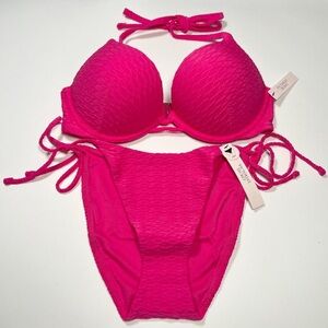 Victoria Secret 34DD M Bombshell Push Up Bikini Top Bottom Set Textured Pink